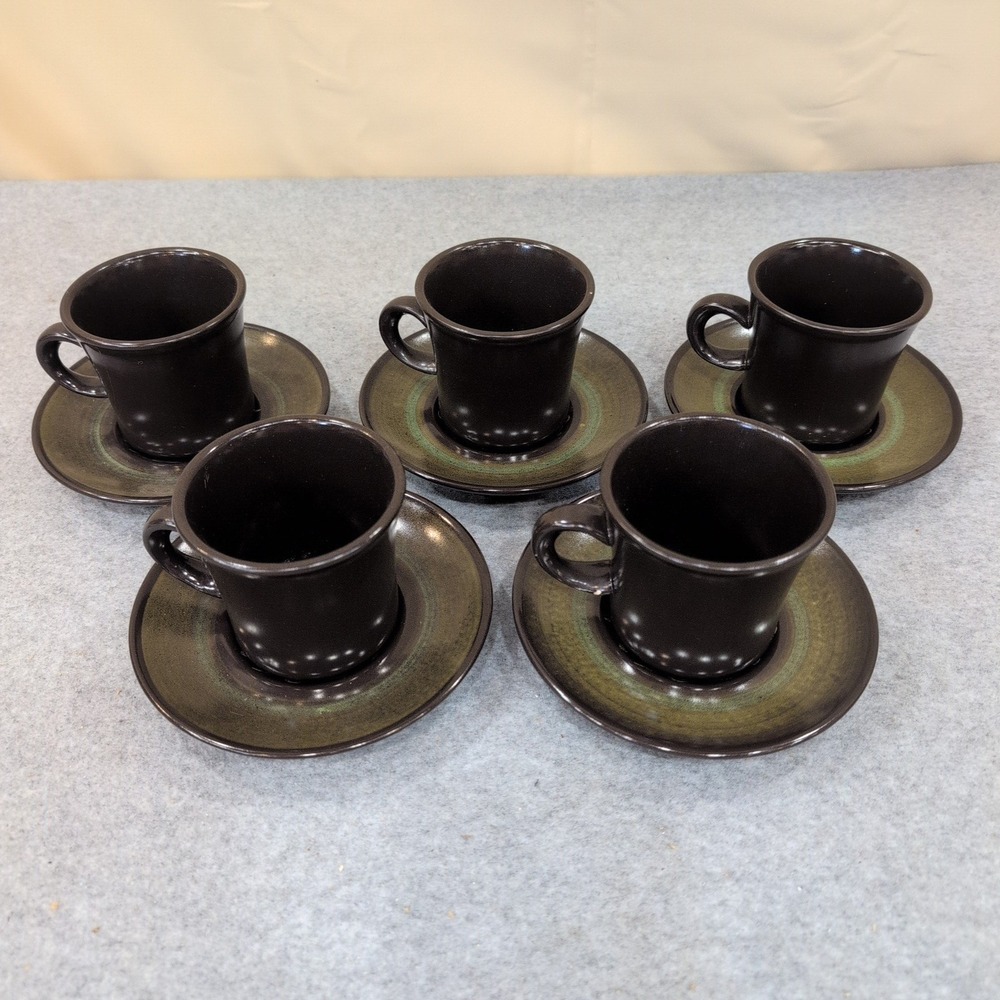 Franciscan Madeira Dark‎ Brown Olive Green Coffee Cup and Saucer Set of 5